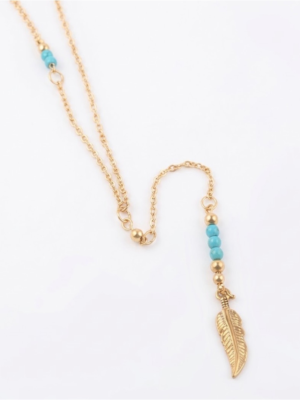 Gold and Turquoise Feather Pendant Necklace